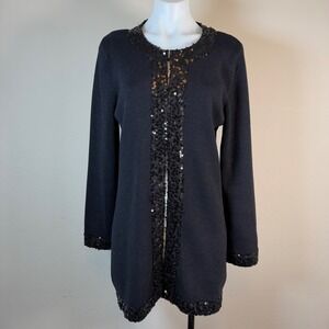 Dana Buchman XL Black Sequin Trim Long‎ Cardigan Sweater Evening Party Holiday